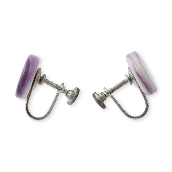 Vintage Purple Banded Agate Earrings Screw Back Clip On Silver Tone - Picture 3 of 4